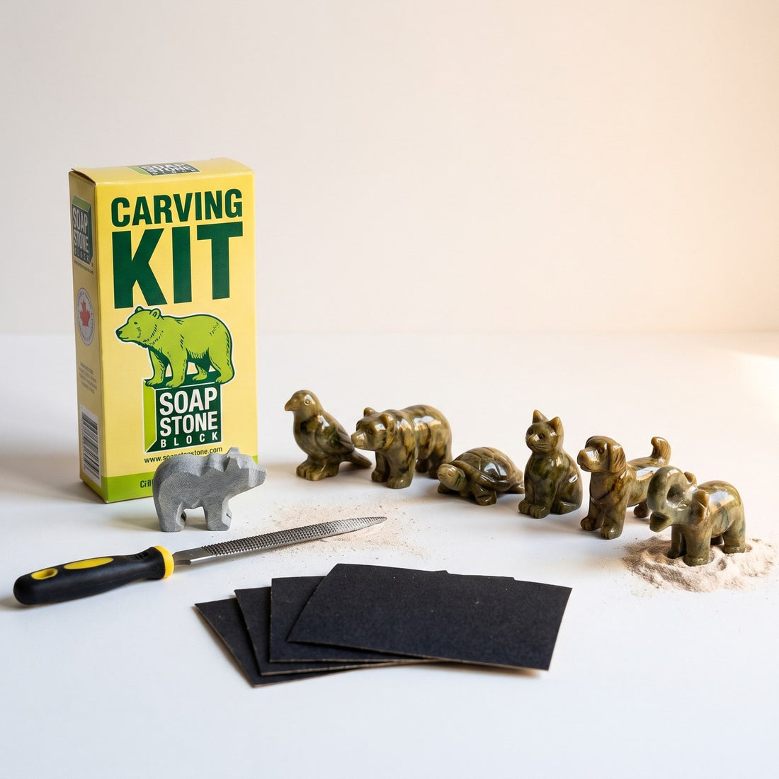 Six finished soapstone animal carvings from beginner carving kits