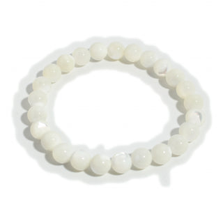 Shell White Round Bracelet with 8 mm polished natural white shell beads on stretch cord, laid flat and photographed on a clean white background. Stonebridge Imports.