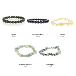 Abundance Bead Bracelet Set: Pyrite 8 mm, Blue Goldstone 8 mm, Citrine 4 mm, Green Aventurine Chip, Moss Agate Chip