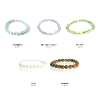 Calm Bead Bracelet Set: Amazonite 8 mm, Blue Lace Agate 8 mm, Prehnite 8 mm, Jade 8 mm, Unakite 8 mm