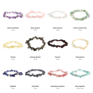 Chip Bead Bracelet Counter Starter: Dark Amethyst Chip, Rose Quartz Chip, Clear Quartz Chip, Green Aventurine Chip, Citrine Chip, Smoky Quartz Chip, Garnet Chip, Moonstone Chip, Sodalite Chip, Hematite Chip, Strawberry Quartz Chip, Blue Apatite Light chip