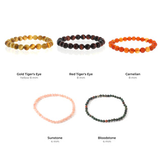 Confidence Bead Bracelet Set: Gold Tiger's Eye Yellow 8 mm, Red Tiger's Eye 8 mm, Carnelian 8 mm, Sunstone 4 mm, Bloodstone 4 mm