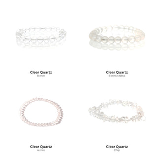 Clear Quartz Bead Bracelet Size Set: Clear Quartz 8 mm, Clear Quartz 8 mm Matte, Clear Quartz 4 mm, Clear Quartz Chip