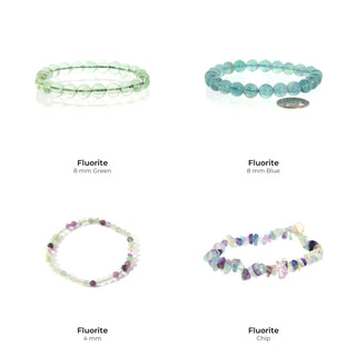 Fluorite Bead Bracelet Size Set: Fluorite 8 mm Green, Fluorite 8 mm Blue, Fluorite 4 mm, Fluorite Chip