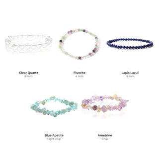 Focus Bead Bracelet Set: Clear Quartz 8 mm, Fluorite 4 mm, Lapis Lazuli 4 mm, Blue Apatite Light chip, Ametrine Chip