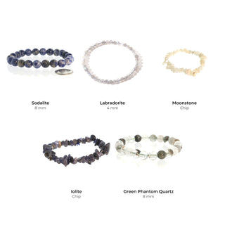 Intuition Bead Bracelet Set: Sodalite 8 mm, Labradorite 4 mm, Moonstone Chip, Iolite Chip, Green Phantom Quartz 8 mm