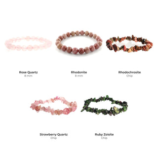 Love Bead Bracelet Set: Rose Quartz 8 mm, Rhodonite 8 mm, Rhodochrosite Chip, Strawberry Quartz Chip, Ruby Zoisite Chip