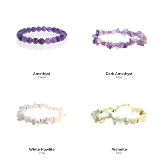 Sleep Bead Bracelet Set: Amethyst 8 mm, Dark Amethyst Chip, White Howlite Chip, Prehnite Chip