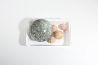 Green Moss Agate, Rose Quartz Sphere OTT Bundle