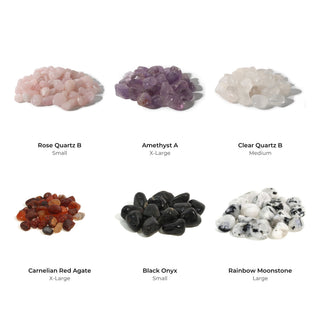 Bestsellers Tumbled Stones Starter Bundle (6 Bags): Rose Quartz B, Amethyst A, Clear Quartz B, Carnelian Red Agate, Black Onyx, Rainbow Moonstone