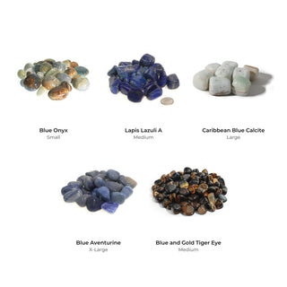 Blue Palette Tumbled Stones Bundle (5 Bags): Blue Onyx, Lapis Lazuli A, Caribbean Blue Calcite, Blue Aventurine, Blue and Gold Tiger Eye