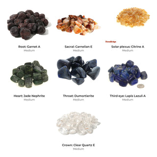 Seven Chakra Tumbled Stones - Medium Bundle (7 Bags): Garnet A, Carnelian E, Citrine A, Jade Nephrite, Dumortierite, Lapis Lazuli A, Clear Quartz E