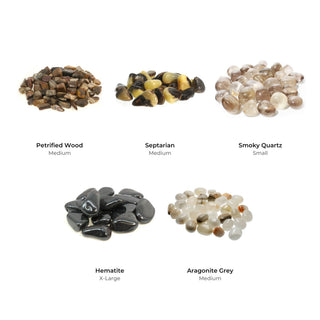 Grounding Earth Tumbled Stones Bundle (5 Bags): Petrified Wood, Septarian, Smoky Quartz, Hematite, Aragonite Grey
