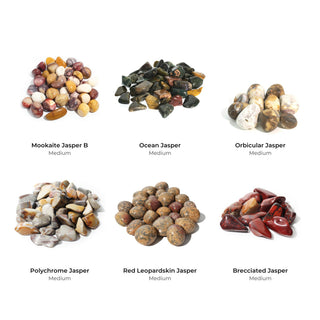 Jasper Lovers Tumbled Stones - Medium Bundle (6 Bags): Mookaite Jasper B, Ocean Jasper, Orbicular Jasper, Polychrome Jasper, Red Leopardskin Jasper, Brecciated Jasper