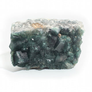 Fluorite Cluster Unique #54 seen from the long side, showing the full band of deep teal cubic fluorite crystals beneath its pale quartz druzy top, photographed on a clean white background. Stonebridge Imports.