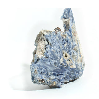 Blue Kyanite Cluster U#116 stood upright on its narrow base, showing the tall kyanite blade at the crown, on a clean white background. Stonebridge Imports.