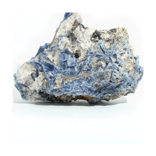 Blue Kyanite Cluster U#116 laid on its back, showing the broad face of interlocking blue kyanite blades and white matrix, on a clean white background. Stonebridge Imports.