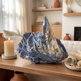 Blue Kyanite Cluster U#116 displayed on a wooden home altar shelf beside a candle, the ten-inch specimen shown at true size in warm natural light.