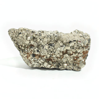 Pyrite Cluster Peru U#18, a 2.1 kg slab of sharp brassy gold cubic pyrite crystals on a rough grey matrix, photographed on a clean white background. Stonebridge Imports.