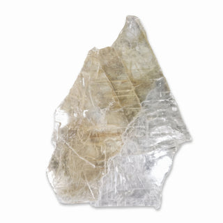 Selenite Window Slab Unique #17 - 23", a broad angular shield-shaped slab with a warm cream-tan centre and wide glassy cleavage planes, photographed on a clean white background. Stonebridge Imports.