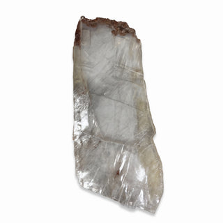 Selenite Window Slab Unique #20 - 26", a tall narrow slab capped with dark rust-coloured crust and a rippled satin sheen, photographed on a clean white background. Stonebridge Imports.