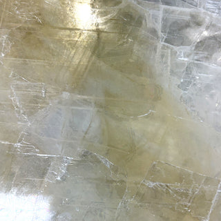 Macro detail of Selenite Window Slab Unique #21 - 32", showing the fibrous satin texture and fine internal cleavage planes of the translucent selenite.