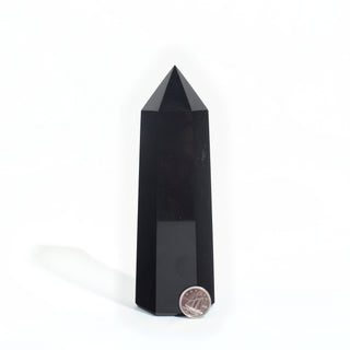 #6 - 250g to 399.9g — Black Obsidian Generator, polished six-sided tower with a faceted point, beside a Canadian dime for scale, photographed on a clean white background. Stonebridge Imports.