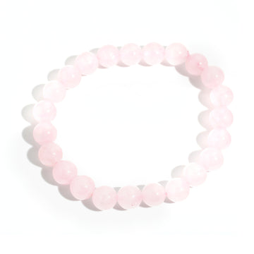 Open Your Heart: pale pink rose quartz 8mm bead stretch bracelet from the Intention Bracelet Display Kit, on a clean white background. Stonebridge Imports.