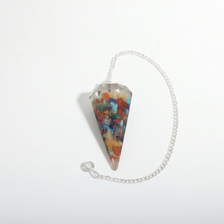 Chakra Orgone Pendulum 6 Facet & Bead - 3 Pack, one multicoloured chakra orgone pendulum with its chain and bead handle, on a clean white background. Stonebridge Imports.