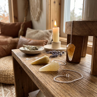 Golden Quartz Pendulum 6 Facet & Bead - 3 Pack on a wooden altar shelf beside a candle, three yellow to amber golden quartz pendulums at true size in warm natural light.