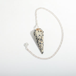 Dalmatian Jasper Pendulum 6 Facet & Bead - 3 Pack, one spotted Dalmatian jasper pendulum with its chain and bead handle, on a clean white background. Stonebridge Imports.