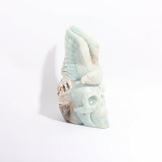 Amazonite Bird Skull Carving Unique, alternate angle photographed on a clean white background. Stonebridge Imports.