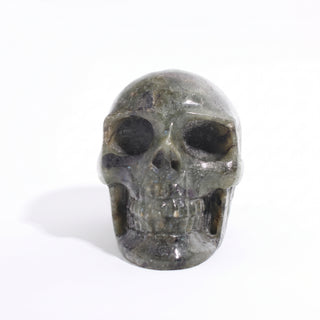 Labradorite Skull Carving Unique #5, photographed on a clean white background. Stonebridge Imports.