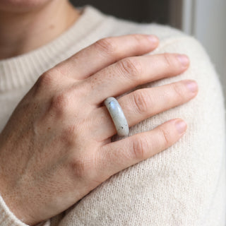 Labradorite Ring worn on the hand in natural light, showing the solid grey labradorite with blue flash band at true scale.