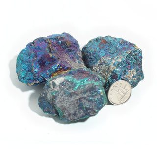 Three rough chalcopyrite chips beside a Canadian dime for scale, each piece about two inches across, on a clean white background. Stonebridge Imports.