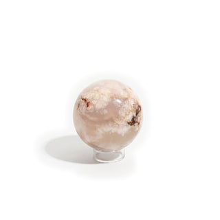 Medium #1 - 2 1/2" — Flower Agate Sphere, blush-pink and peachy-cream flower agate with white blossom-like inclusions, photographed on a clean white background. Stonebridge Imports.