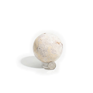Medium #1 - 2 1/2" — Flower Agate Sphere, blush-pink and peachy-cream flower agate with white blossom-like inclusions, photographed on a clean white background. Stonebridge Imports.