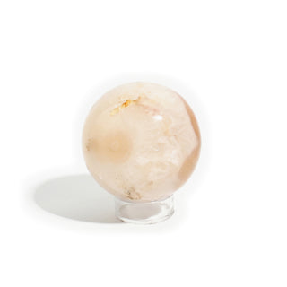 Small #2 - 2 1/4" — Flower Agate Sphere, blush-pink and peachy-cream flower agate with white blossom-like inclusions, photographed on a clean white background. Stonebridge Imports.