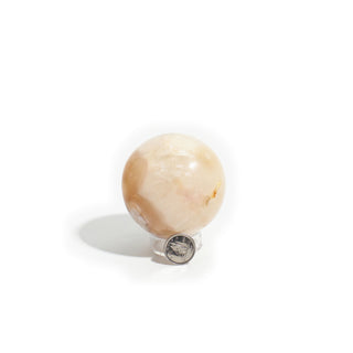 Small #2 - 2 1/4" — Flower Agate Sphere, blush-pink and peachy-cream flower agate with white blossom-like inclusions, photographed on a clean white background. Stonebridge Imports.