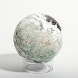 Extra Small #2 — Green Tree Agate Sphere, white stone threaded with green moss-like dendrites and a dark natural patch, photographed on a clean white background. Stonebridge Imports.
