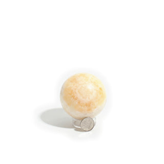 Small #2 - 2 1/4" — Orange Calcite Sphere - Mexico photographed beside a coin for scale, showing the 2 1/4" pale orange calcite sphere on a clean white background. Stonebridge Imports.