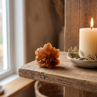 Natural Citrine - Morocco crystal cluster displayed on a wooden home altar shelf beside a candle, shown at true size in warm natural light.