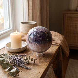 Fluorite Green and Purple Sphere Unique #10 displayed on a wooden home altar shelf beside a candle, shown at true size in warm natural light.
