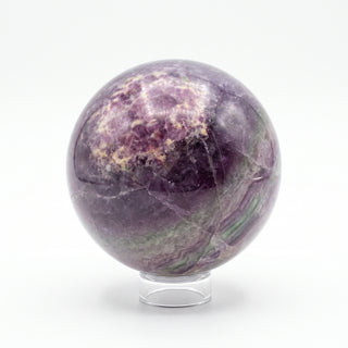 Fluorite Green and Purple Sphere Unique #10, alternate angle showing deep purple and violet banded fluorite with amber-gold seams, on a clean white background. Stonebridge Imports.