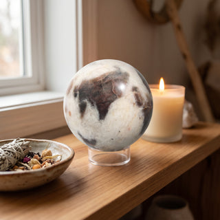 Chocolate Labradorite Sphere displayed on a wooden home altar shelf beside a candle, resting on a clear display ring, shown at true size in warm natural light.