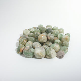 Medium — Green Fluorite Tumbled Stones - India, a pile of green tumbled fluorite beside a Canadian dime for scale, photographed on a clean white background. Stonebridge Imports.