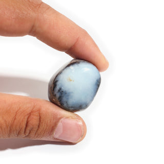 Large — Blue Opal Tumbled Stones, one pale sky-blue stone edged with black dendrite banding held between thumb and finger for scale, photographed on a clean white background. Stonebridge Imports.