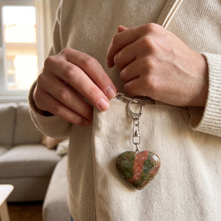 One of the five green-and-salmon unakite heart charms from the pack, clipped to a cream canvas tote in natural light, shown at true scale.