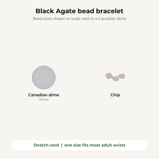 Black Agate bead bracelet bead sizes shown to scale next to a Canadian dime