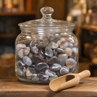 Botswana Agate A Tumbled Stones in a glass apothecary jar with a scoop